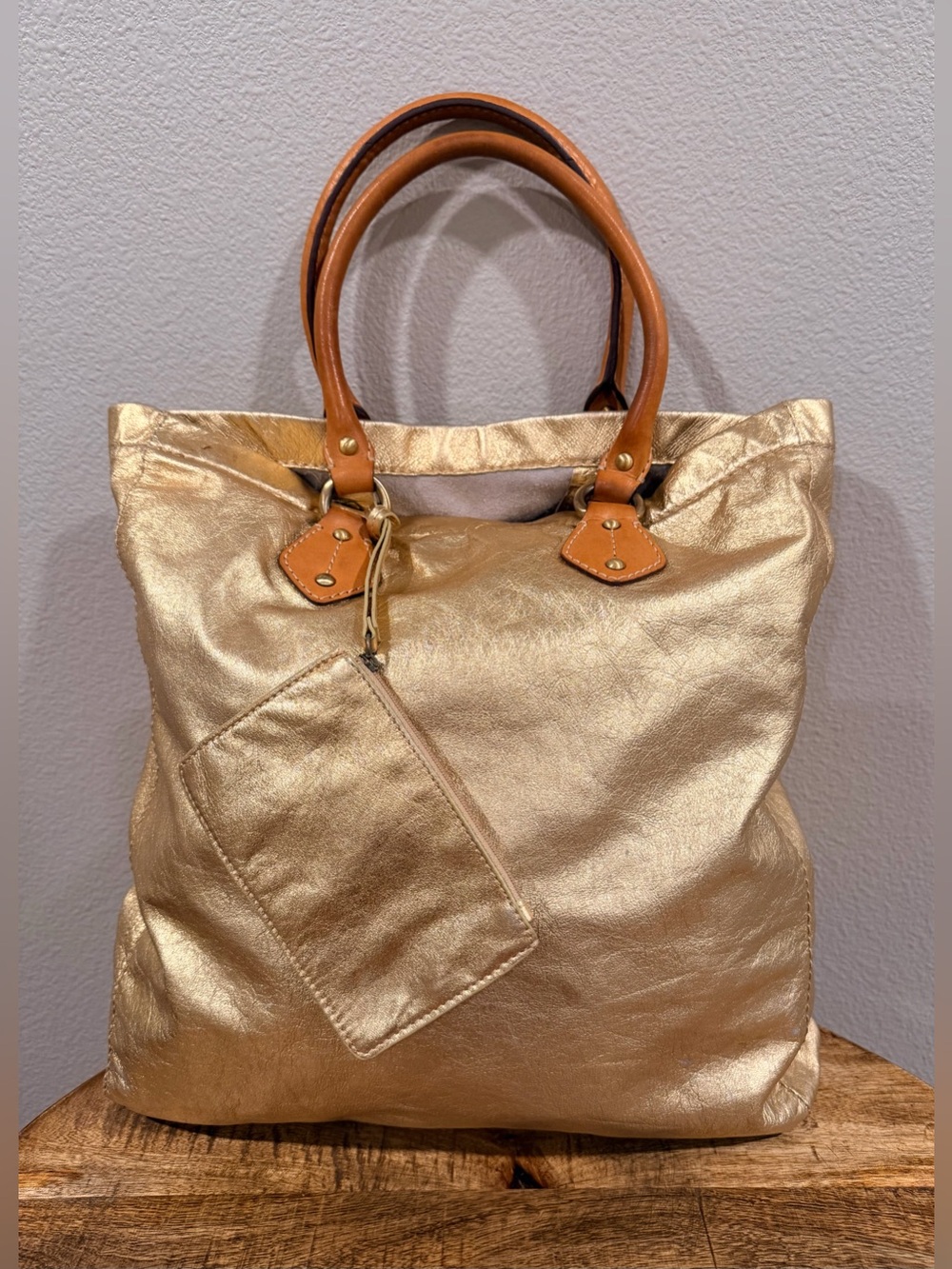 Y2K Vintage J.Crew Thompson Slouchy Leather Tote Bag in Metallic Gold